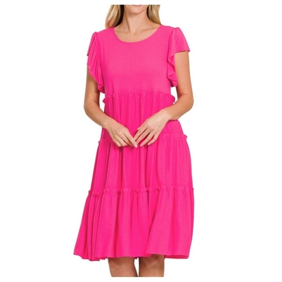 #71 Zenana Hot Pink Fuchsia Babydoll Ruffle Sleeve Tiered Swing Slip On Dress - Picture 1 of 4